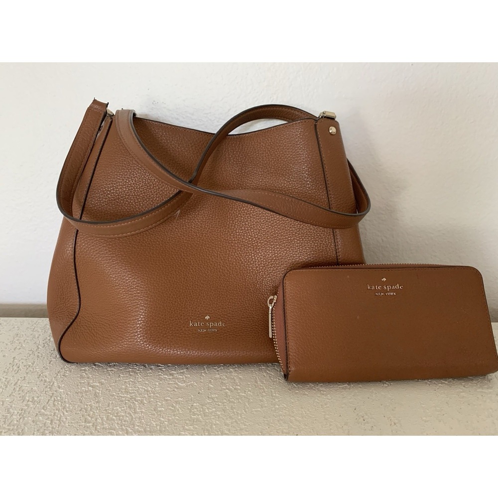 KATE SPADE NEW YORK BROWN PEBBLED SHOULDER BAG & WALLET GOLD HARDWARE FOR WOMEN - Picture 1 of 11